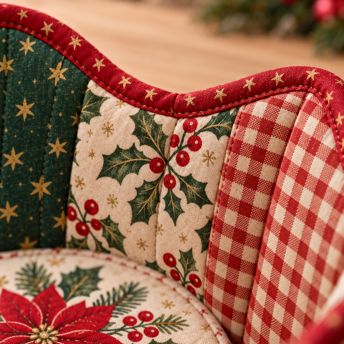 Close-up of the red star-print bias binding, cotton fabric and sewn seams