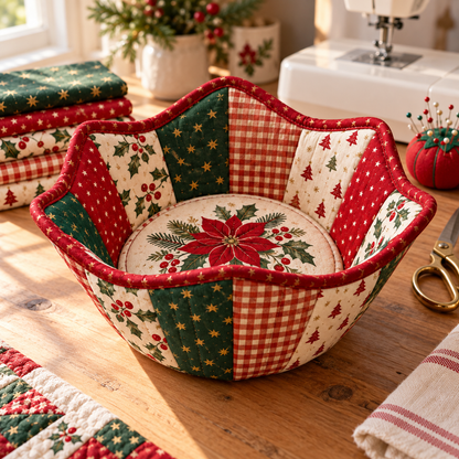 Finished Holly Hearth Christmas bowl cozy with coordinating fabrics on a sewing table