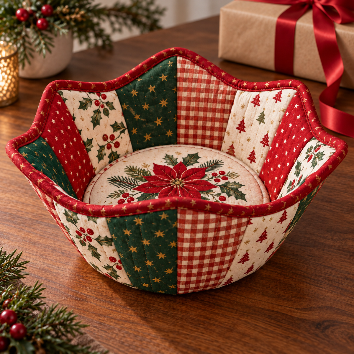 Holly Hearth quilted Christmas bowl cozy beside a wrapped handmade holiday gift