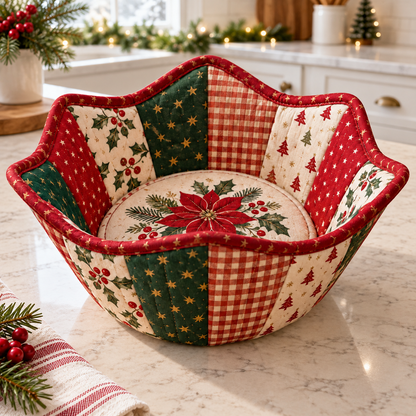 Holly Hearth red, evergreen and ivory bowl cozy in a bright Christmas kitchen