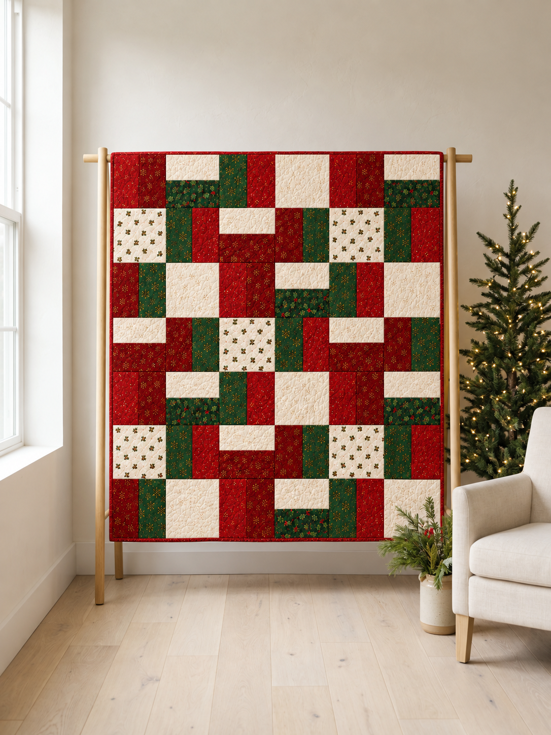 Holly Hearth Christmas patchwork quilt in red, green and cream displayed on a wooden rack