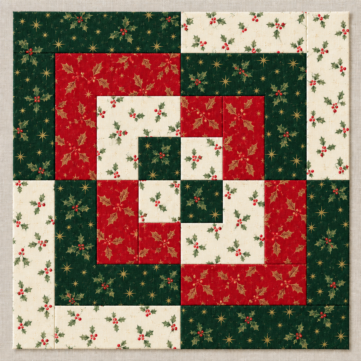 Holly Heritage Christmas quilt block in evergreen, crimson and ivory holly-print fabrics; AI-generated fabric inspiration