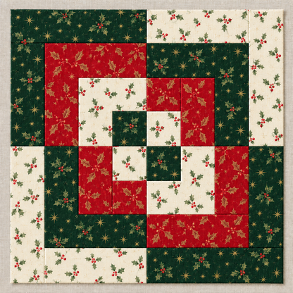 Holly Heritage Christmas quilt block in evergreen, crimson and ivory holly-print fabrics; AI-generated fabric inspiration