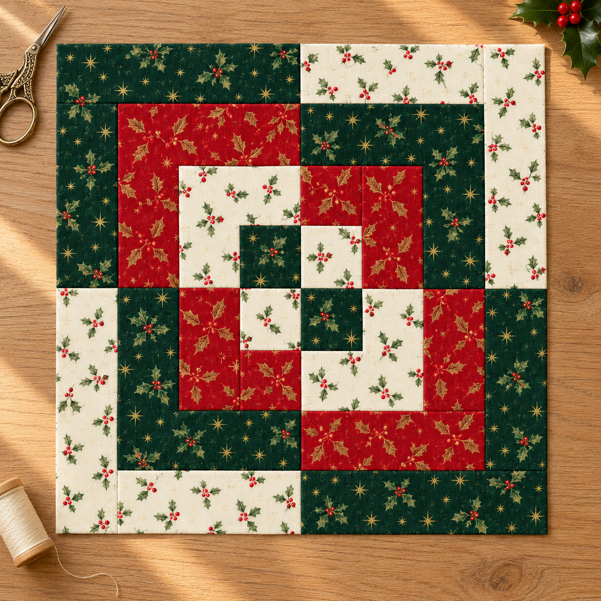 Holly Heritage Christmas patchwork block on an oak sewing table; AI-generated fabric inspiration