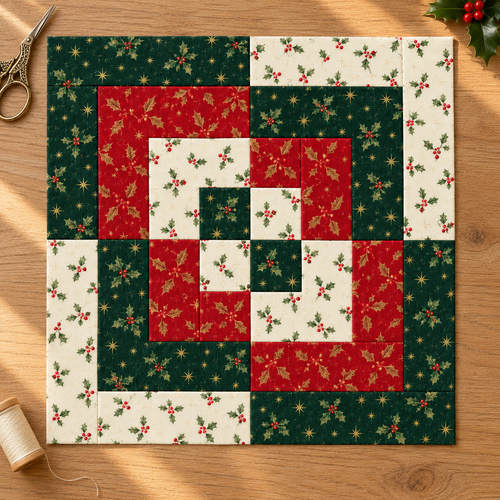 Holly Heritage Christmas patchwork block on an oak sewing table; AI-generated fabric inspiration