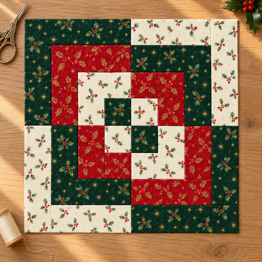 Holly Heritage Christmas patchwork block on an oak sewing table; AI-generated fabric inspiration