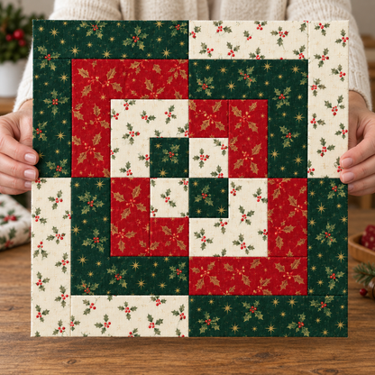Holly Heritage Christmas quilt block held in hands to show scale; AI-generated fabric inspiration.