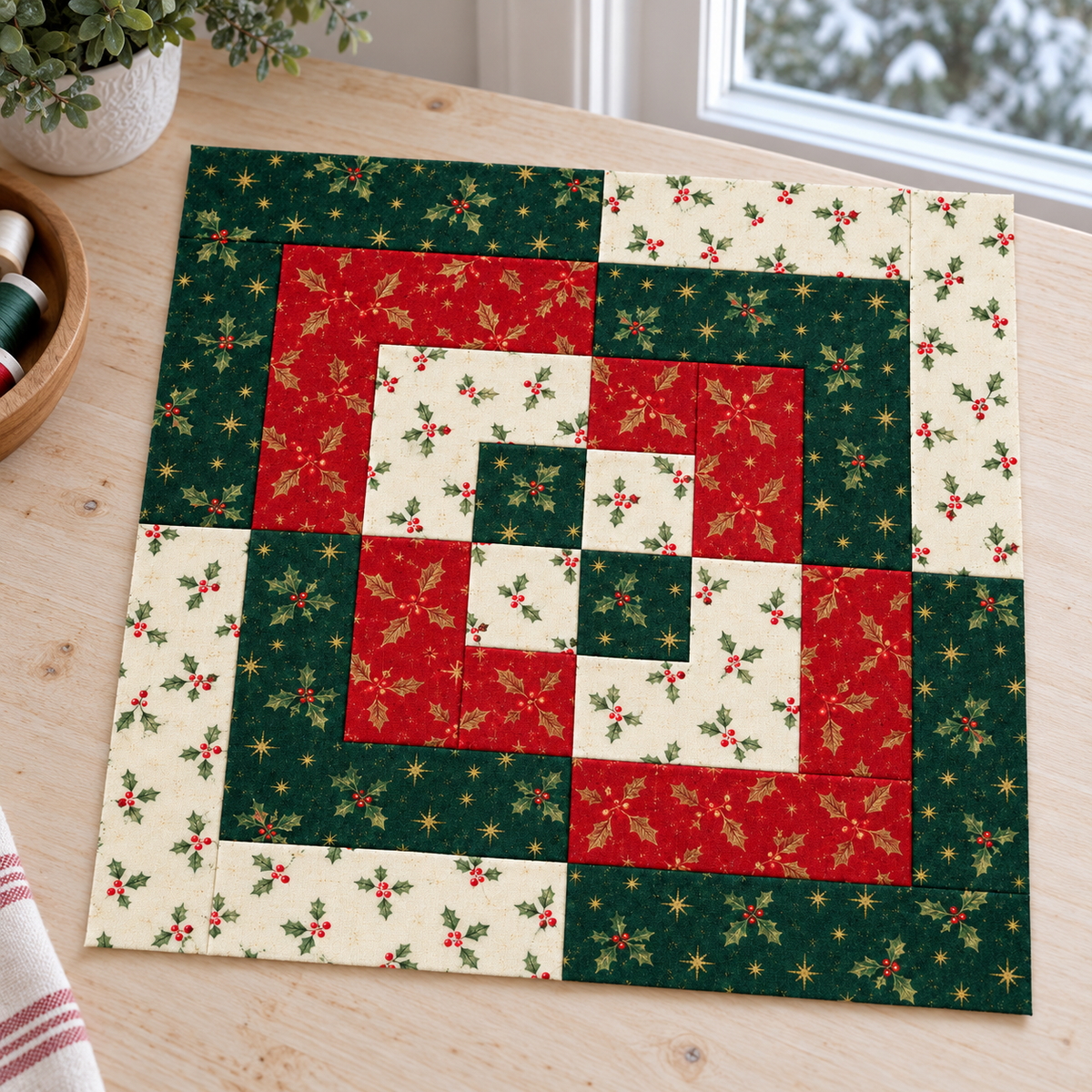 Holly Heritage Christmas quilt block displayed beside a winter window; AI-generated fabric inspiration.