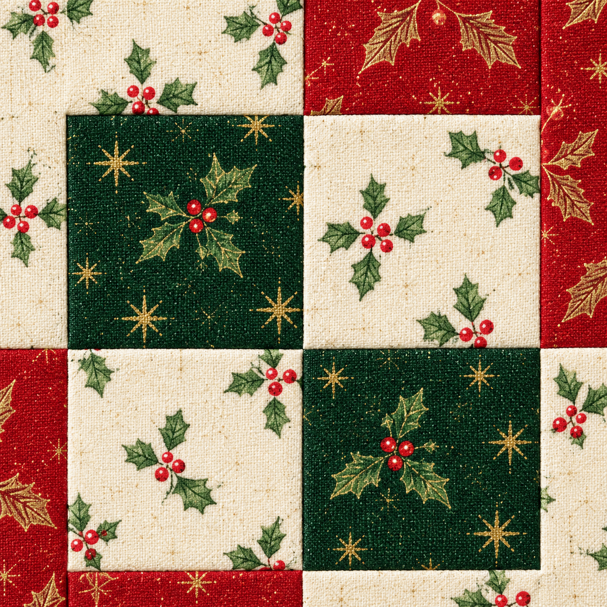 Cropped close-up of the centre and nested fabric bands of the Holly Heritage Christmas quilt block; AI-generated fabric inspiration.