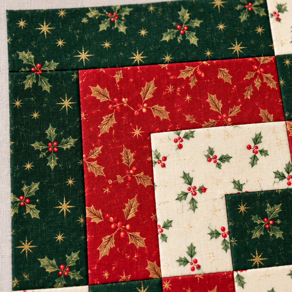 Cropped macro view of festive fabric textures and seams in the Holly Heritage Christmas quilt block; AI-generated fabric inspiration.