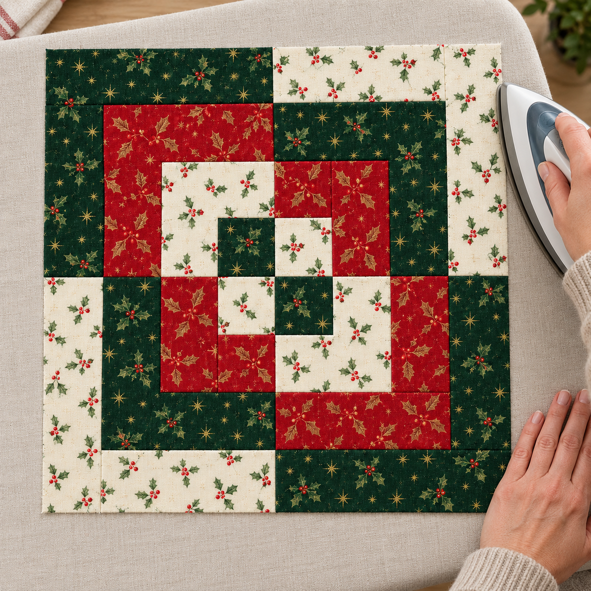 Holly Heritage Christmas quilt block at a pressing station, illustrating quilt-making preparation; AI-generated fabric inspiration.