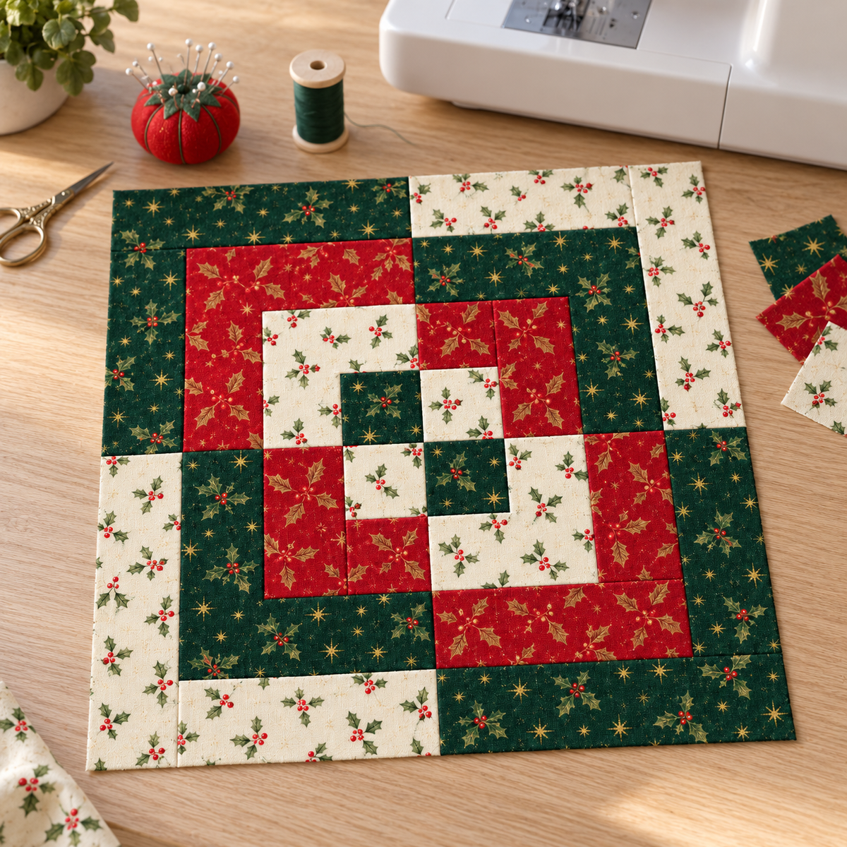 Holly Heritage Christmas quilt block in a sewing machine workspace; AI-generated fabric inspiration.