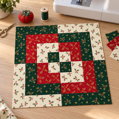 Holly Heritage Christmas quilt block in a sewing machine workspace; AI-generated fabric inspiration.