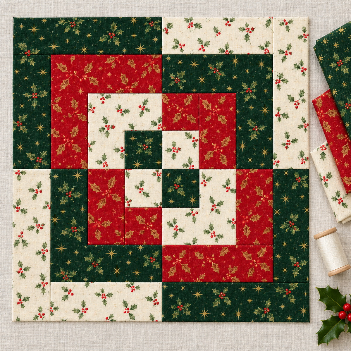 Holly Heritage Christmas quilt block arranged with coordinating festive sewing materials; AI-generated fabric inspiration.