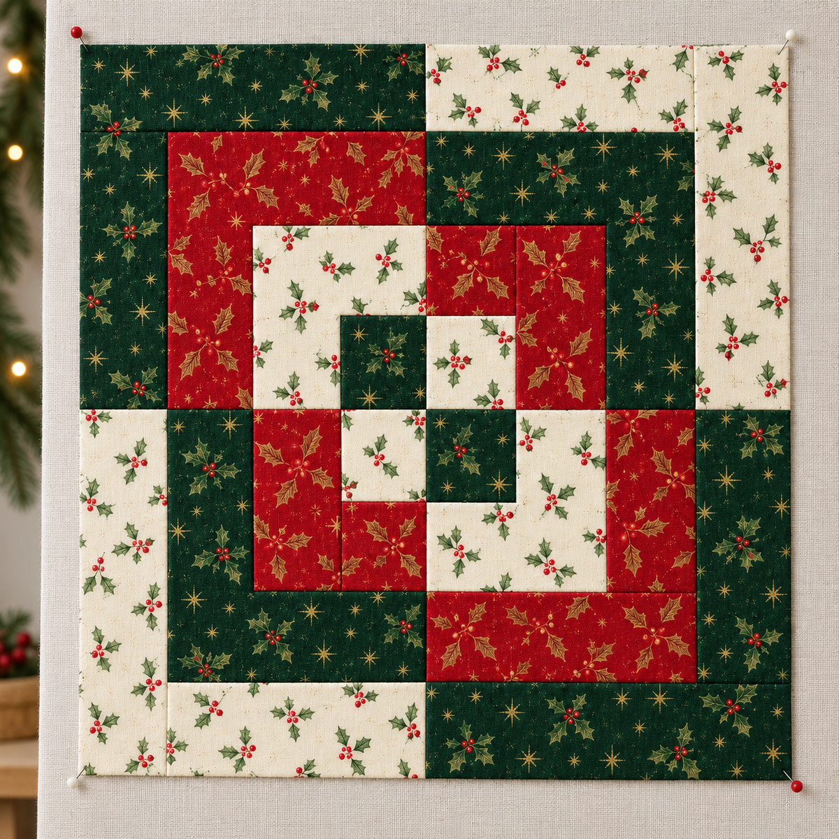 Holly Heritage Christmas quilt block displayed on a quilter's design wall; AI-generated fabric inspiration.