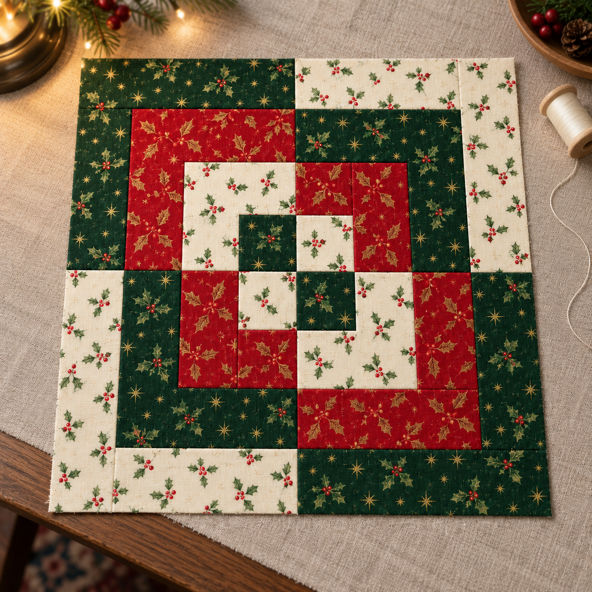 Holly Heritage Christmas quilt block in a warm evening editorial setting; AI-generated fabric inspiration.