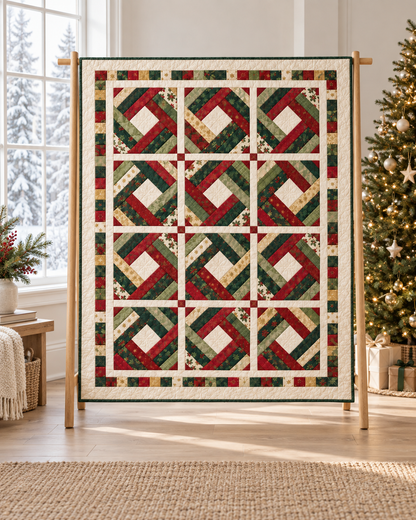 Holly Noel Diamond Quilt on a wooden stand beside a snowy winter window