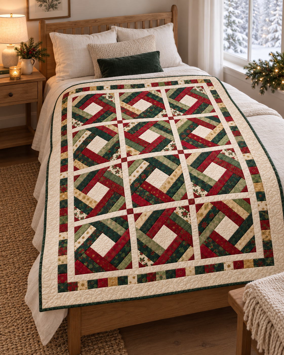 Holly Noel Diamond Christmas quilt styled on an ivory guest-room bed