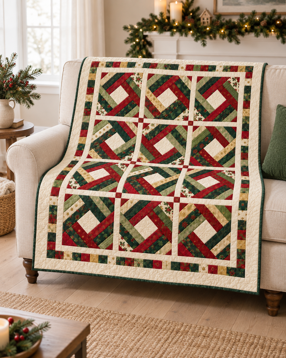 Red, green and ivory Holly Noel Diamond Quilt draped over a cream sofa