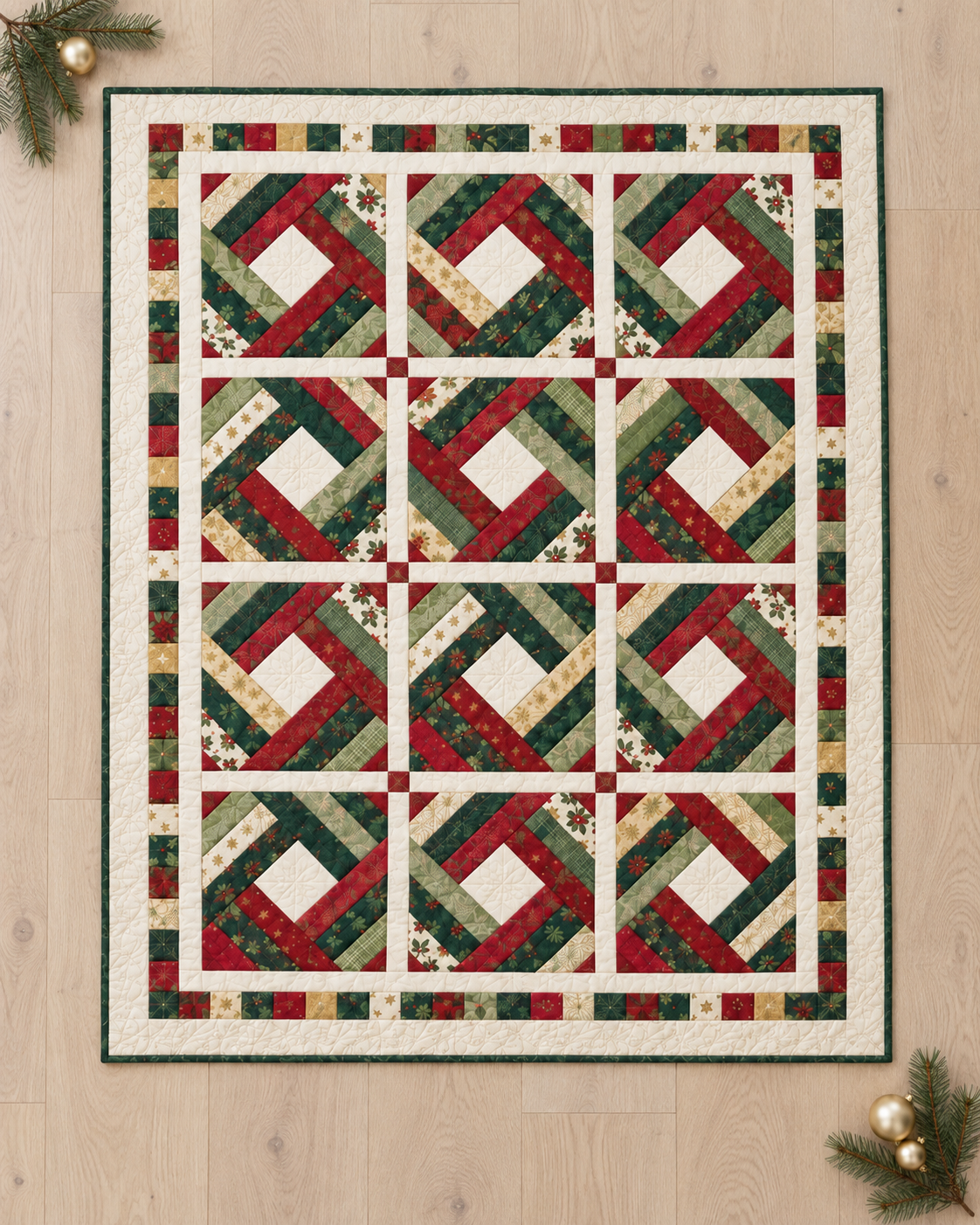 Full overhead view of the 12-block Holly Noel Diamond Quilt and patchwork border
