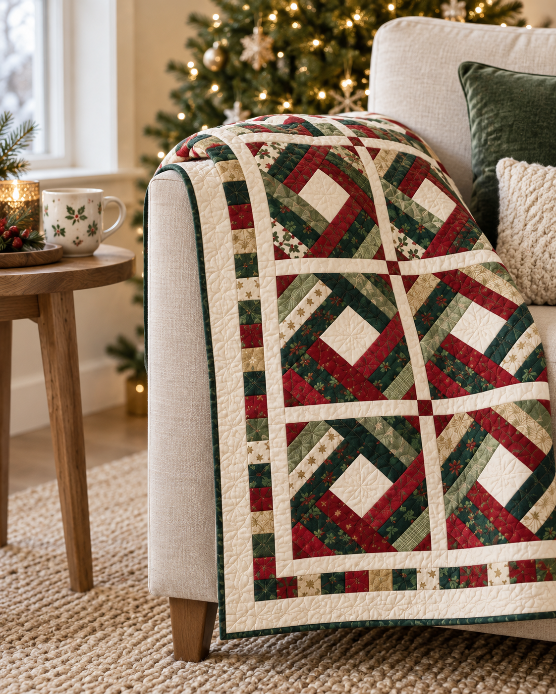 Holly Noel Diamond Quilt folded over a linen reading chair beside a Christmas tree