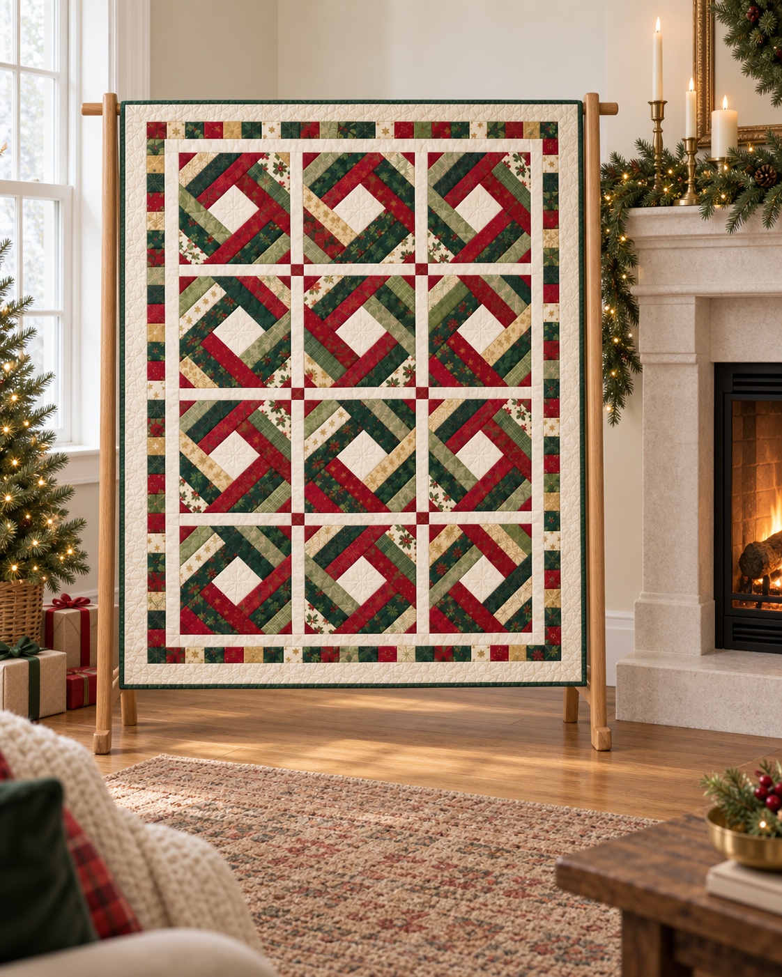 Holly Noel Diamond Christmas quilt displayed beside a limestone fireplace