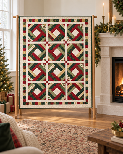 Holly Noel Diamond Christmas quilt displayed beside a limestone fireplace