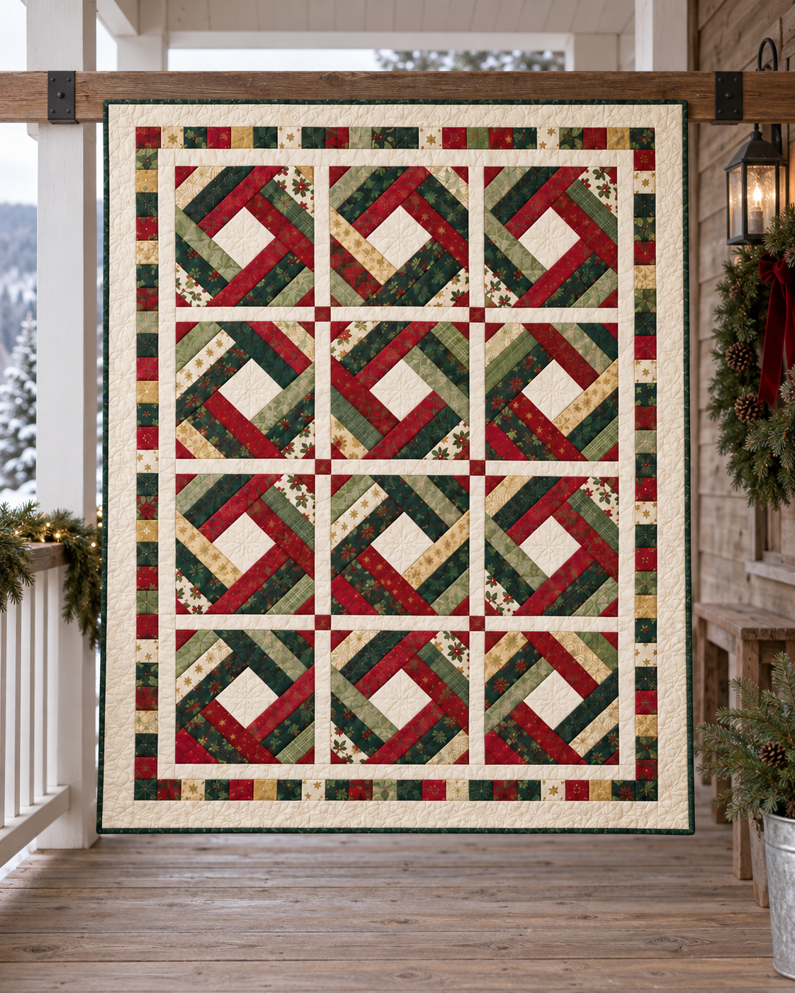 Holly Noel Diamond Quilt displayed on a sheltered porch with a snowy woodland backdrop