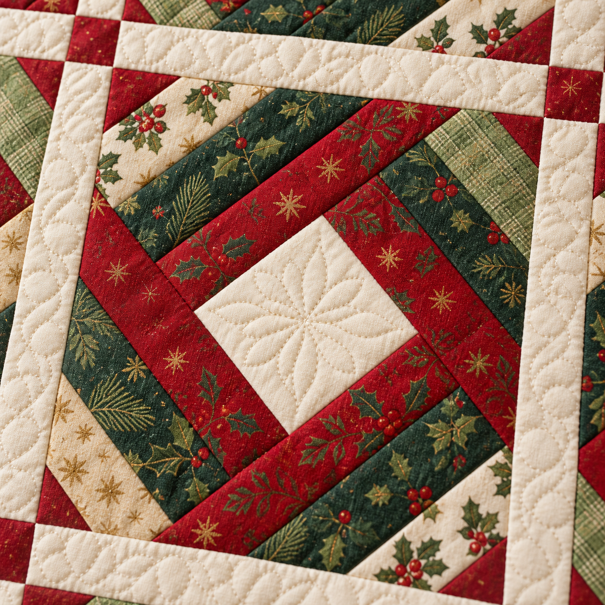 Close-up illustration of a cream-centered Holly Noel diamond block and quilting stitches