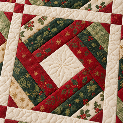 Close-up illustration of a cream-centered Holly Noel diamond block and quilting stitches