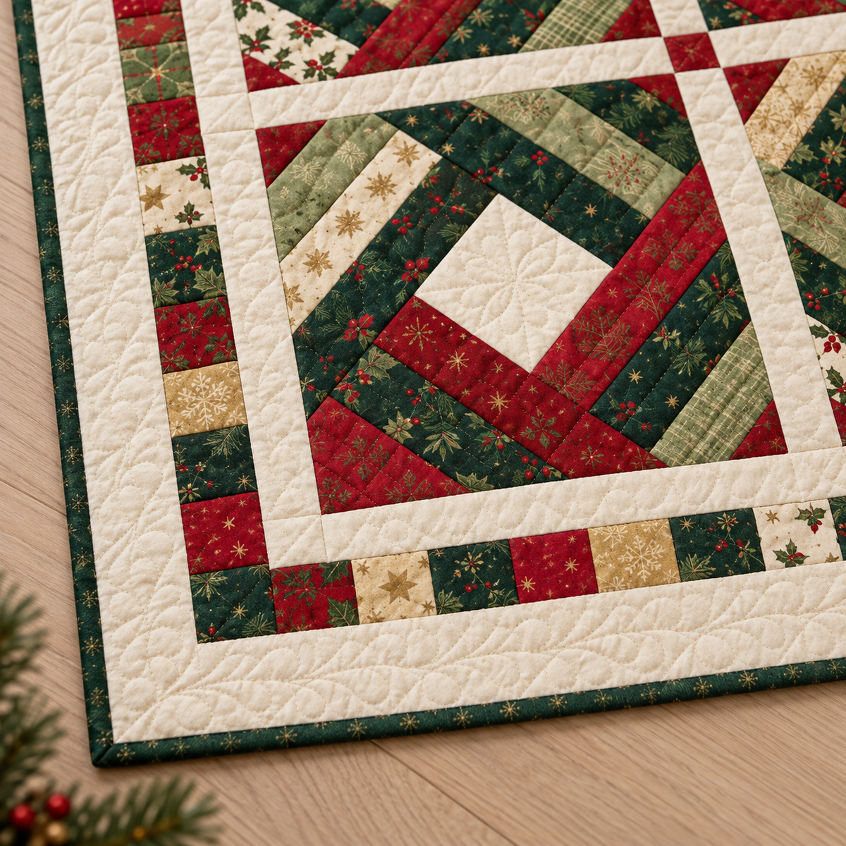 Detail illustration of the Holly Noel quilt's checkerboard border and green binding