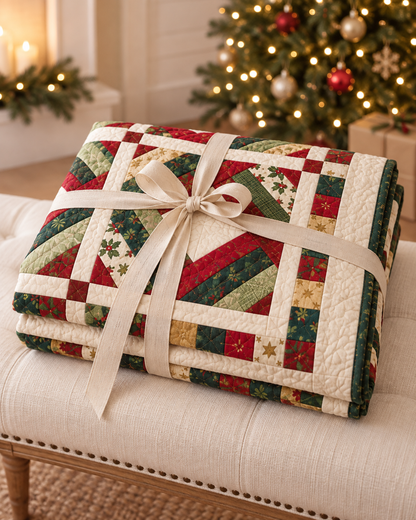 Holly Noel Diamond Quilt folded and tied with an ivory ribbon as a handmade gift