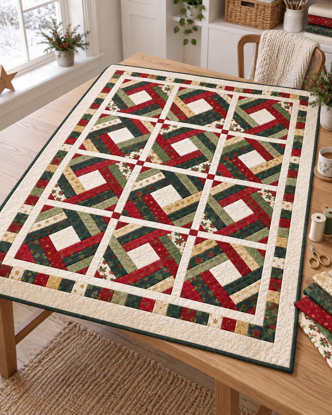 Holly Noel Diamond Quilt arranged on a sewing table with coordinating Christmas fabrics