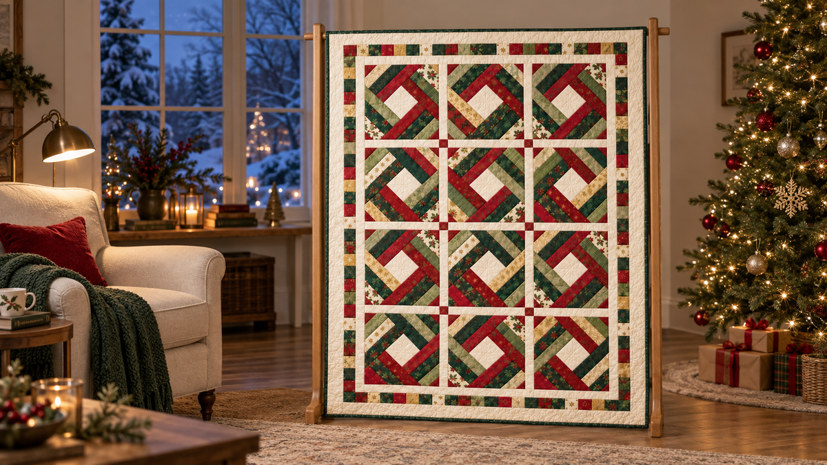 Wide evening Christmas interior with the Holly Noel Diamond Quilt on a wooden stand