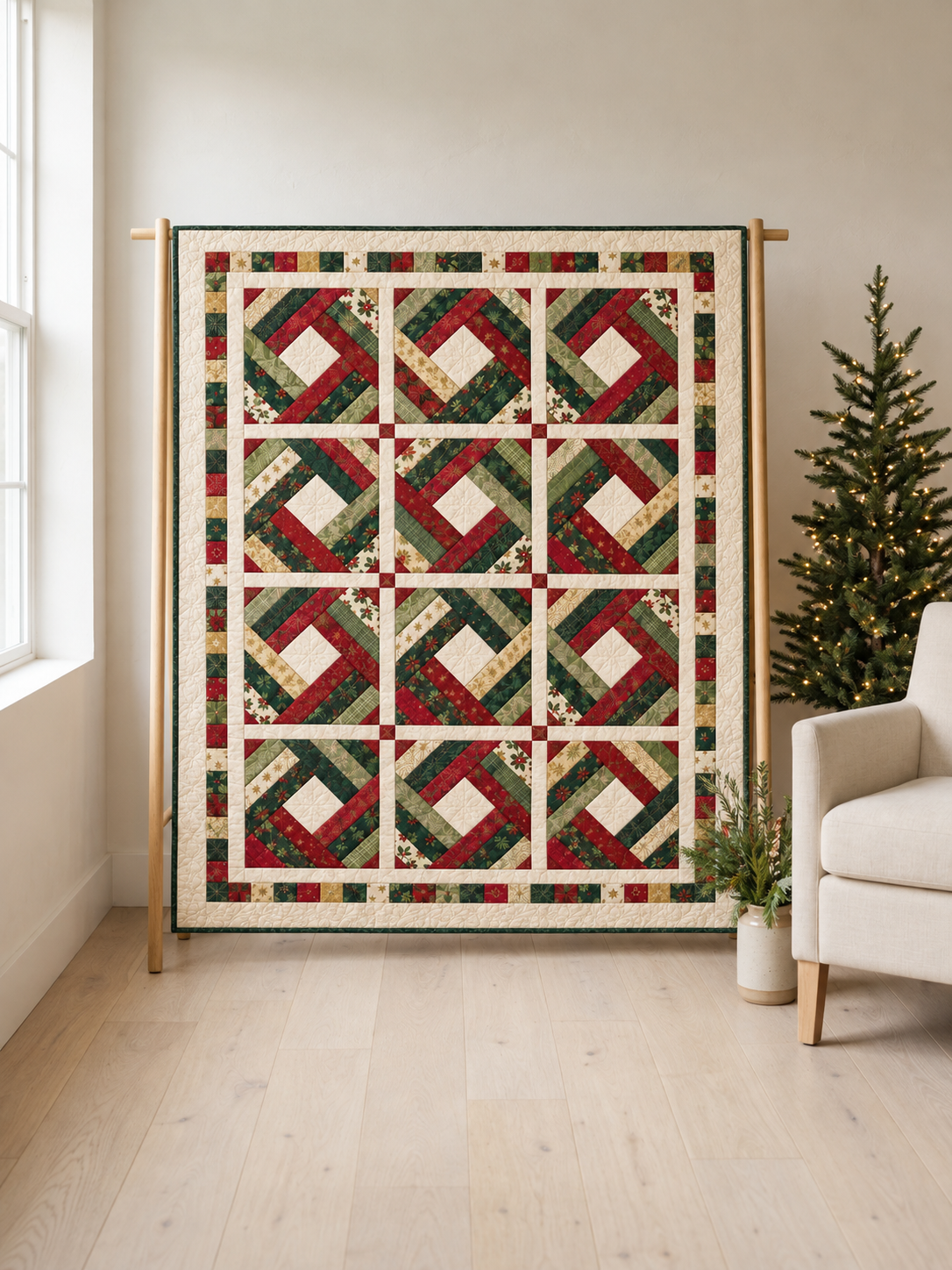 Holly Noel Diamond Quilt in red, green and ivory displayed on an oak stand beside a Christmas tree