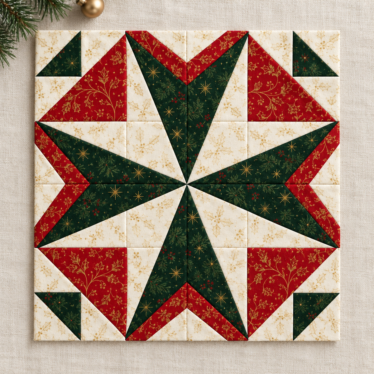 Catalogue view of the Holly Starlight Christmas quilt block in evergreen, red and ivory fabrics with gold motifs; AI-generated styling illustration