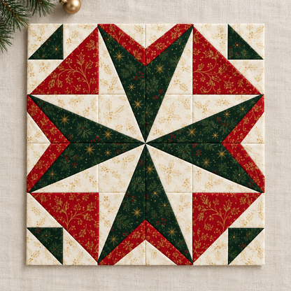 Catalogue view of the Holly Starlight Christmas quilt block in evergreen, red and ivory fabrics with gold motifs; AI-generated styling illustration
