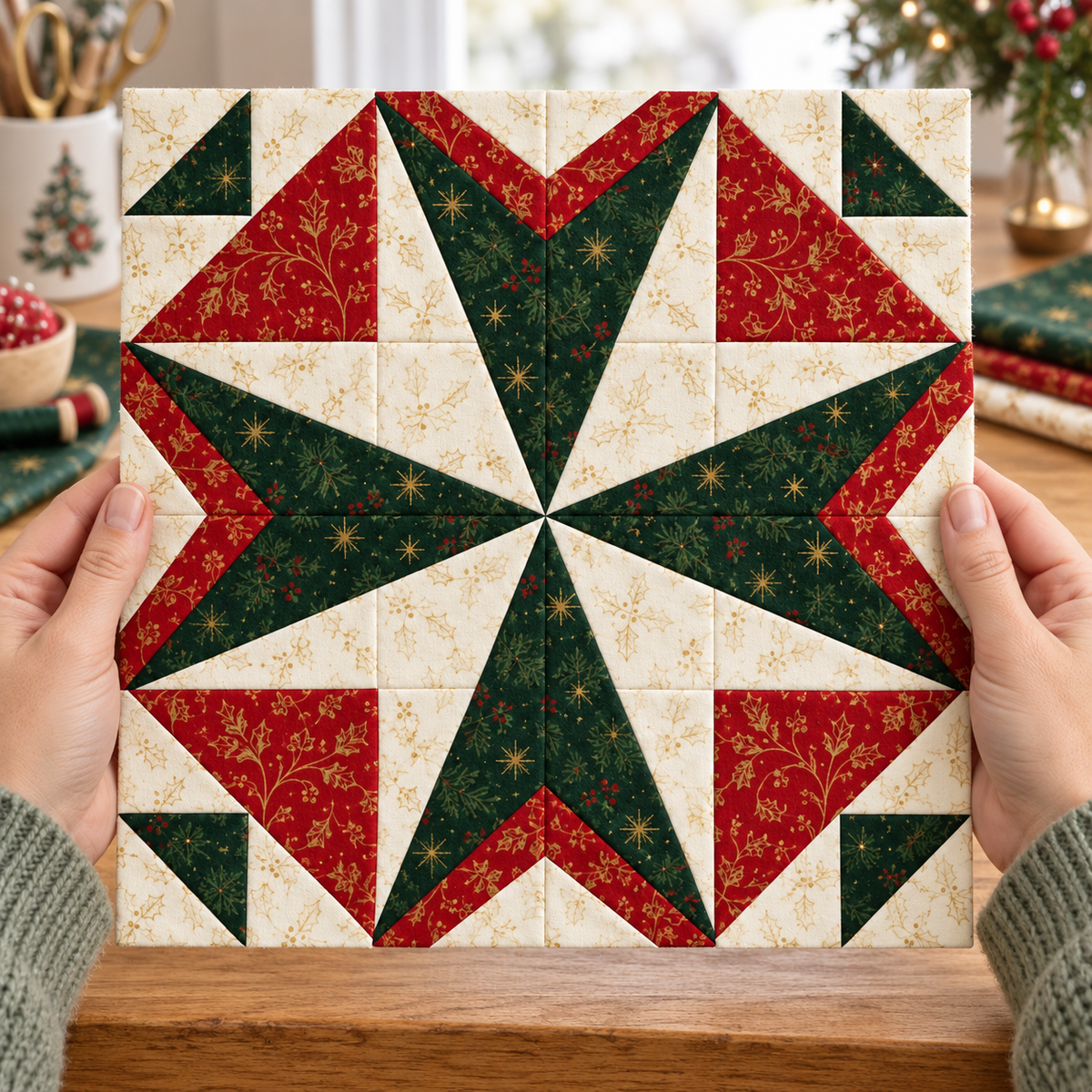 Hands holding a small Holly Starlight Christmas quilt block, showing its scale and patchwork design; AI-generated styling illustration