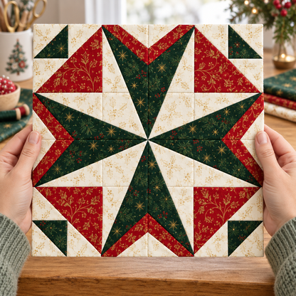Hands holding a small Holly Starlight Christmas quilt block, showing its scale and patchwork design; AI-generated styling illustration