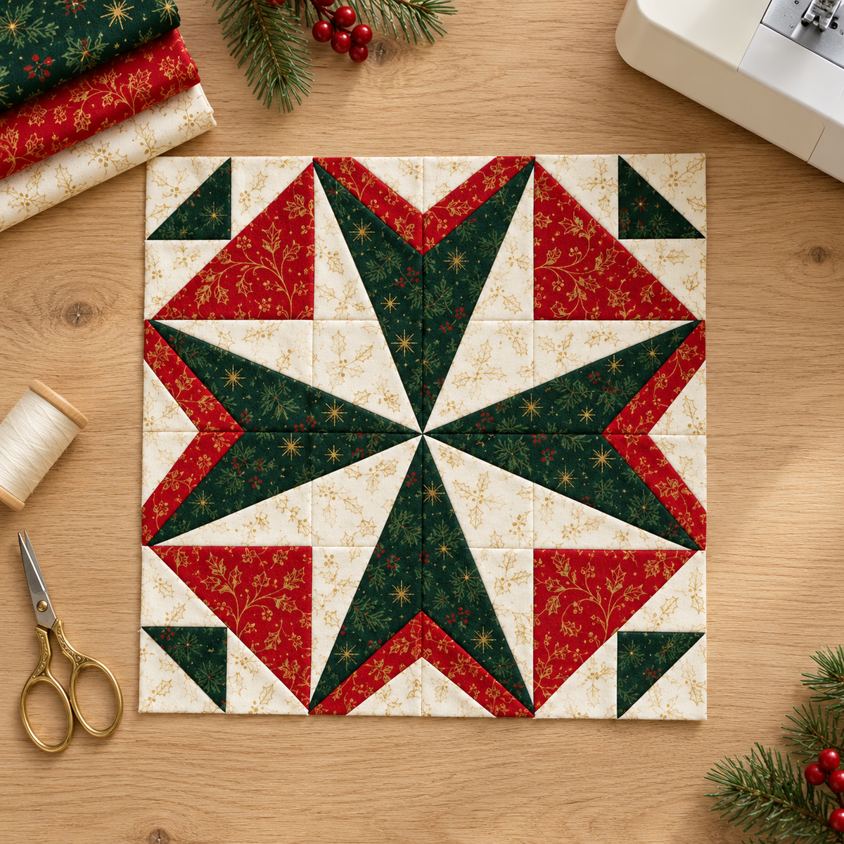 Holly Starlight Christmas quilt block on a sewing table with coordinating fabrics and tools; AI-generated styling illustration
