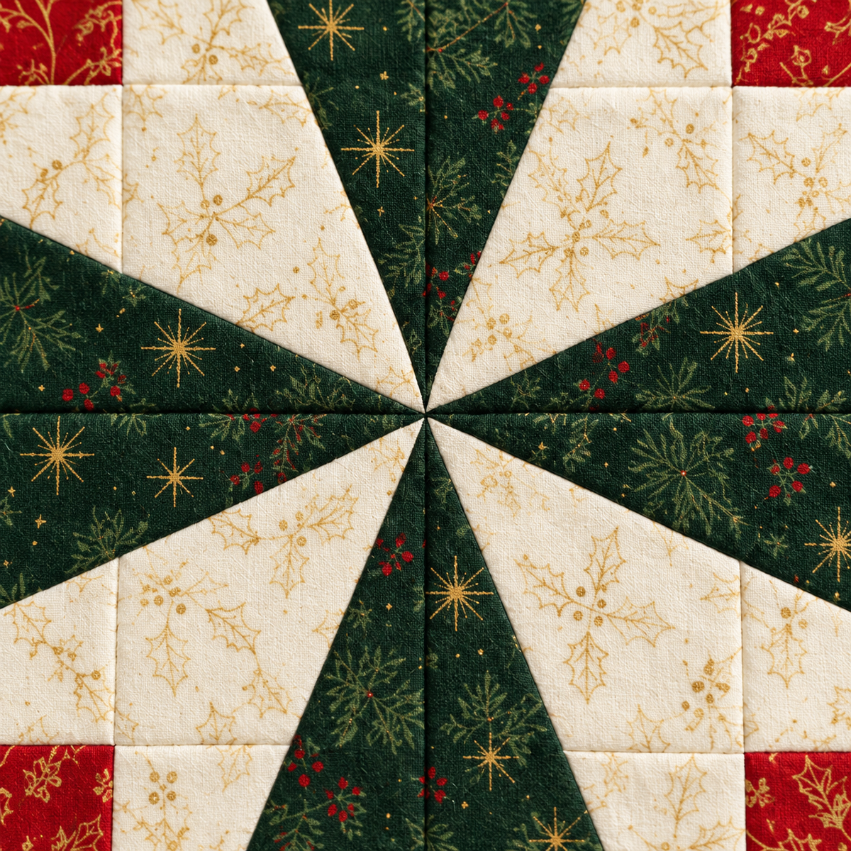 Close-up of the central patchwork intersection and cotton texture in the Holly Starlight quilt block; AI-generated styling illustration