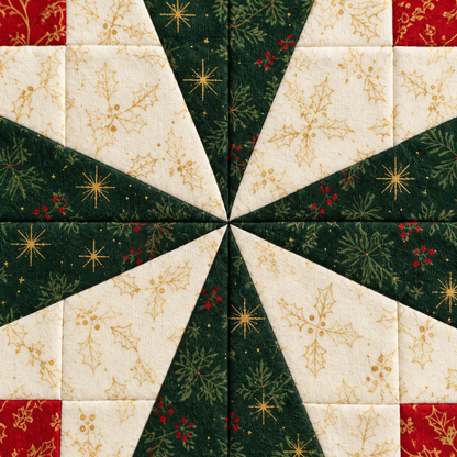 Close-up of the central patchwork intersection and cotton texture in the Holly Starlight quilt block; AI-generated styling illustration