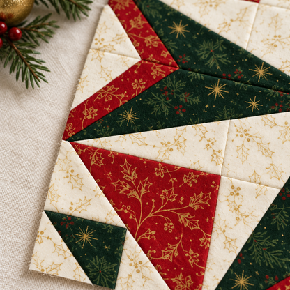 Close-up of the corner triangles and evergreen, red and ivory fabric prints in the Holly Starlight block; AI-generated styling illustration