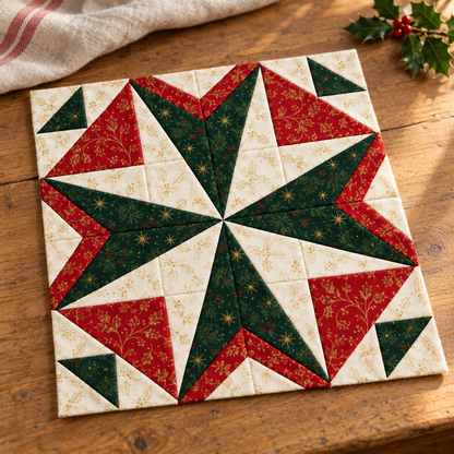 Angled tabletop view of the Holly Starlight Christmas quilt block with visible pieced seams; AI-generated styling illustration