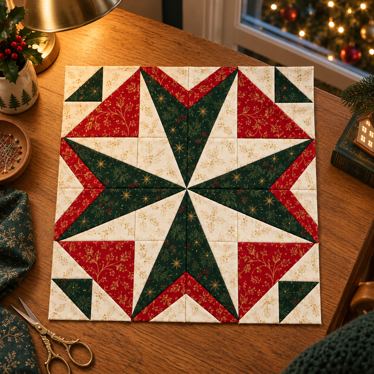 Holly Starlight Christmas quilt block in a warmly lit evening sewing setting; AI-generated styling illustration