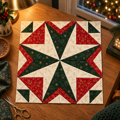 Holly Starlight Christmas quilt block in a warmly lit evening sewing setting; AI-generated styling illustration