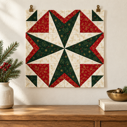 Small Holly Starlight Christmas quilt block displayed with clips on an ivory wall; AI-generated styling illustration