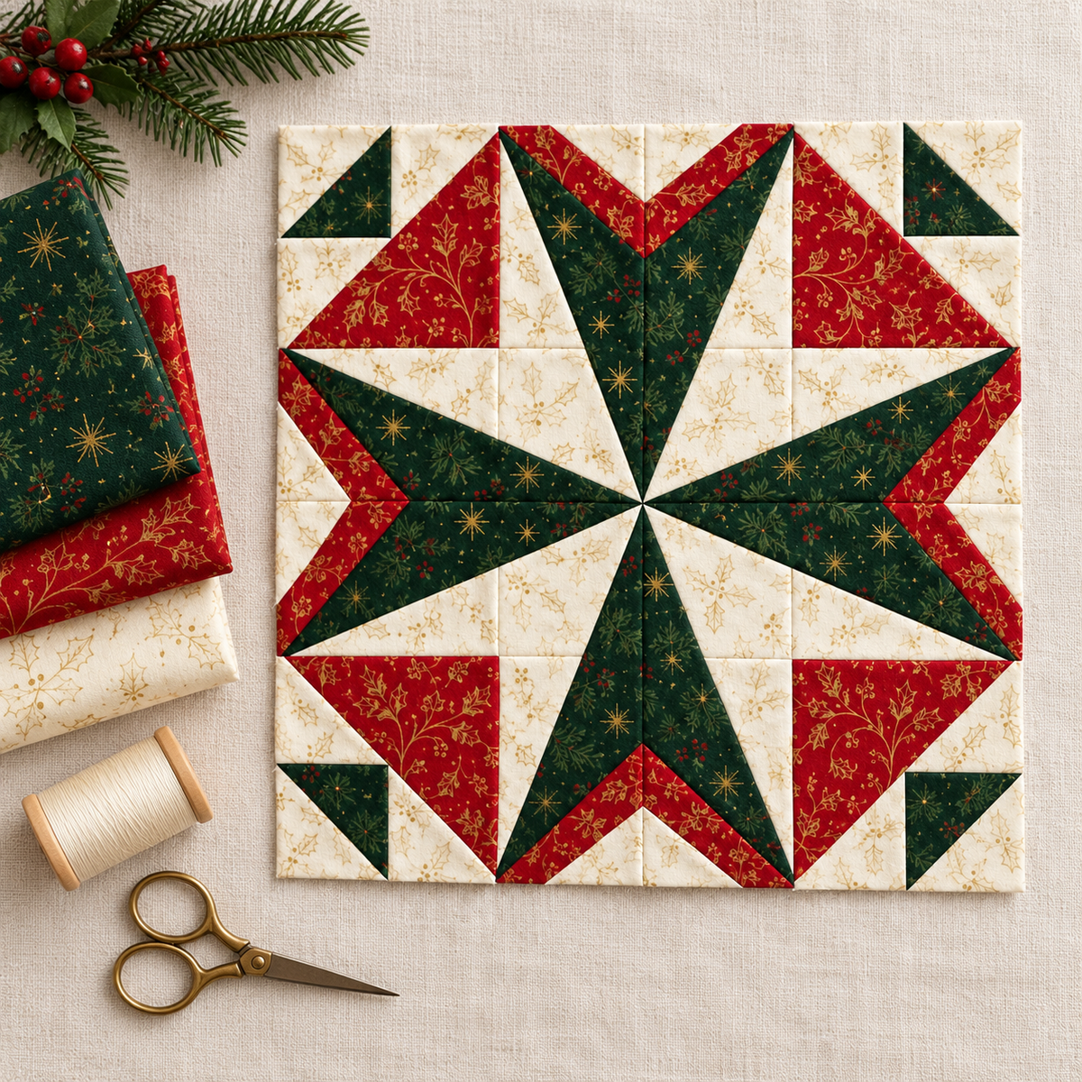 Holly Starlight Christmas quilt block beside three coordinating fabric prints; AI-generated styling illustration