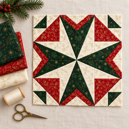 Holly Starlight Christmas quilt block beside three coordinating fabric prints; AI-generated styling illustration