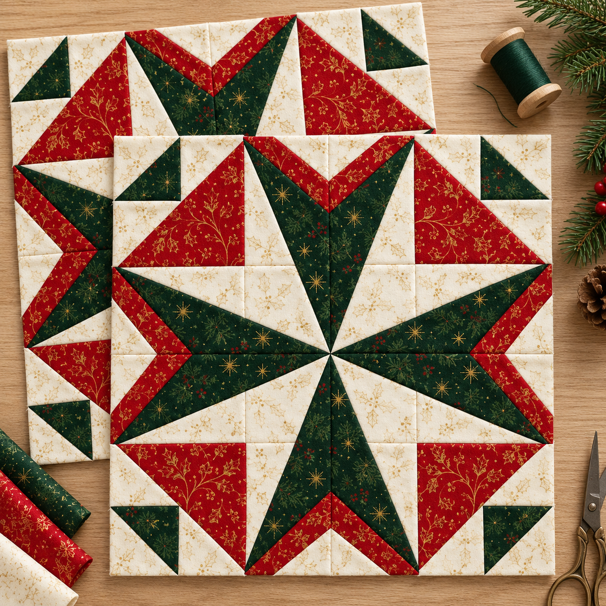 Two separate matching Holly Starlight Christmas quilt blocks with festive cotton prints; AI-generated styling illustration